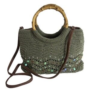 VTG Women's Crochet Handbag Bamboo Handles Green Beaded Boho Crossbody